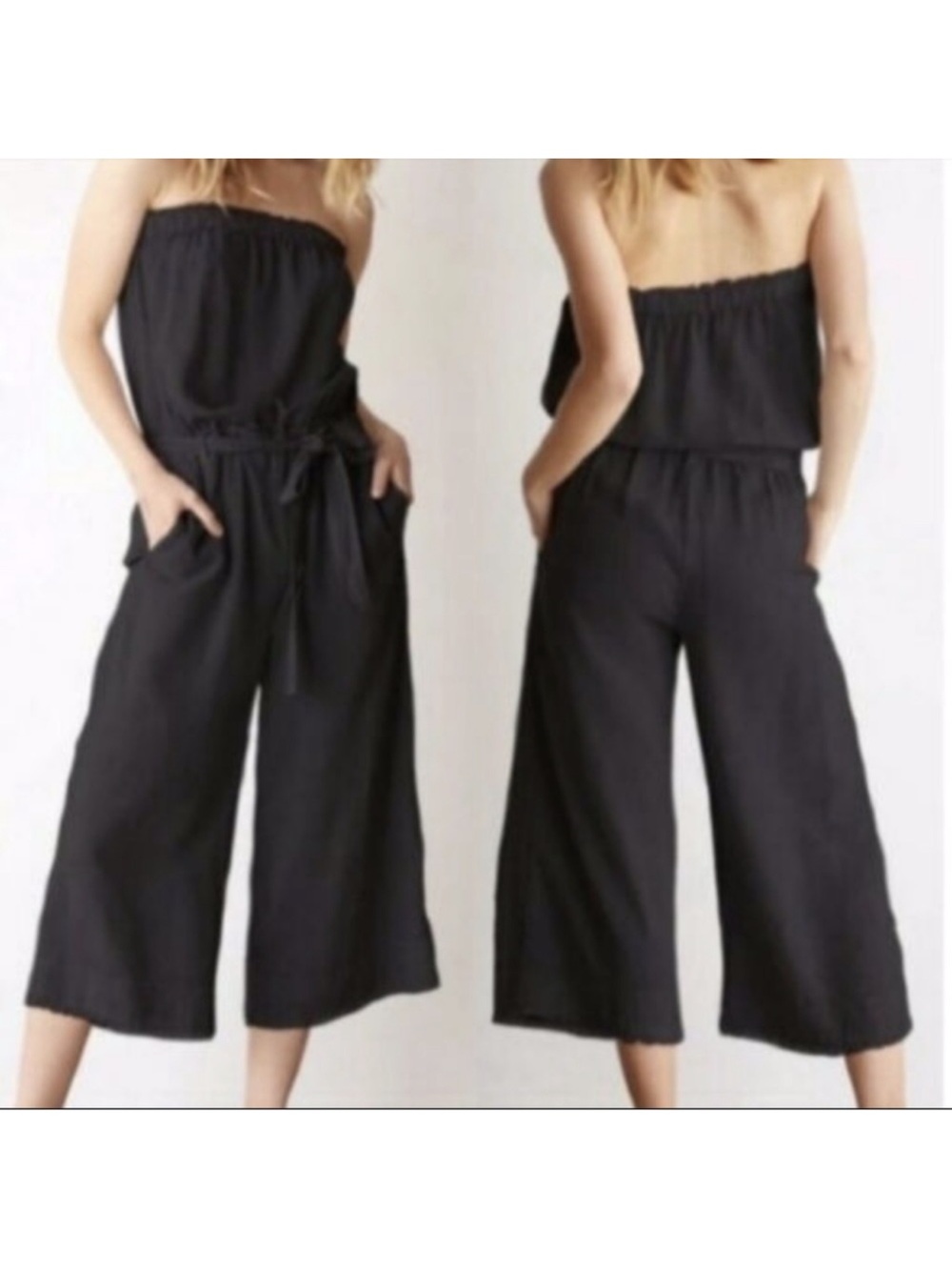 Cloth & Stone Anthropologie Strapless Fray Crop Belted Jumpsuit in charcoal SM